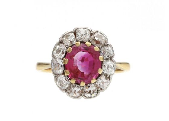 Antique pink sapphire and diamond floral cluster ring in 18kt yellow gold