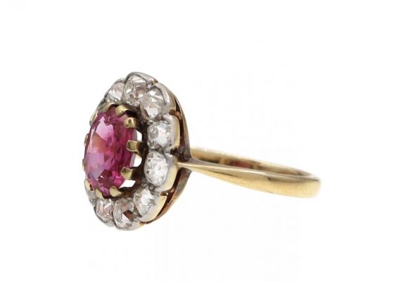 Antique pink sapphire and diamond floral cluster ring in 18kt yellow gold