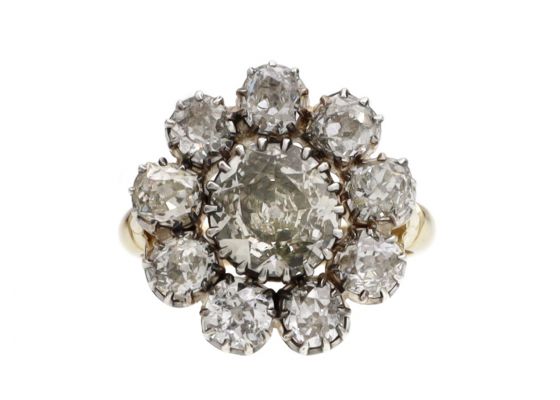 Antique Foiled Back Diamond Floral Cluster Ring In Silver & Gold