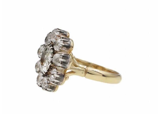 Antique Foiled Back Diamond Floral Cluster Ring In Silver & Gold