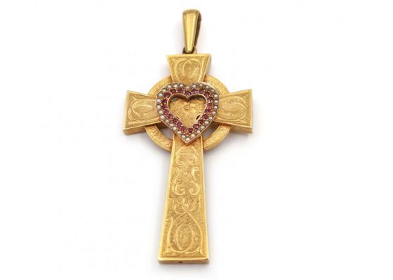 Antique Celtic cross with ruby and pearl heart in yellow gold