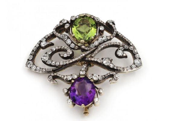 Art Nouveau Peridot, Amethyst & Diamond Brooch in Silver on Gold