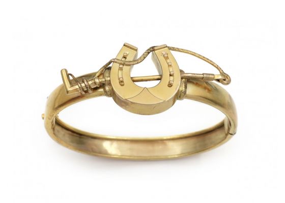 Victorian horse shoe and jockey crop hinged bangle in 15kt gold
