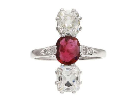 Art Deco Ruby & Diamond Vertical Three Stone Ring in White Gold