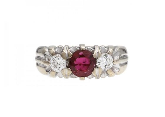Vintage ruby and diamond three stone ring in 18kt white gold