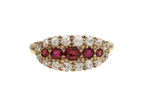 1902 Ruby & Diamond Five Stone Cluster Ring 18kt Yellow Gold