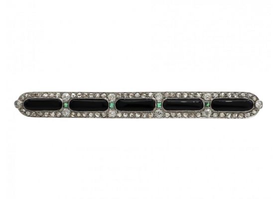 Art Deco Onyx, Emerald & Diamond Bar Brooch in Platinum on Gold