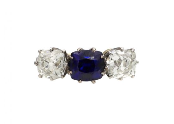 Antique sapphire and Peruzzi cut diamond three stone ring in platinum and 18kt yellow gold