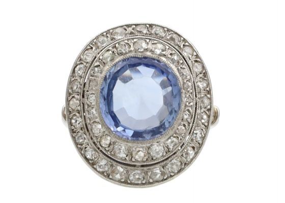 French Art Deco Ceylon sapphire and diamond double row cluster ring