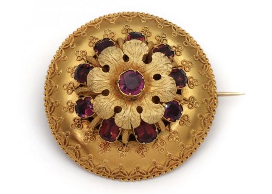 Antique Etruscan Revival Garnet Set Flower Brooch in 18kt Gold