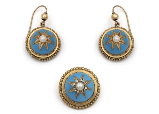 Victorian Natural Pearl, Diamond & Light Blue Enamel Demi-Parure