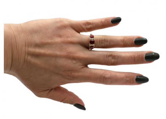 Victorian ruby and diamond three stone carved ring in 18kt yellow gold