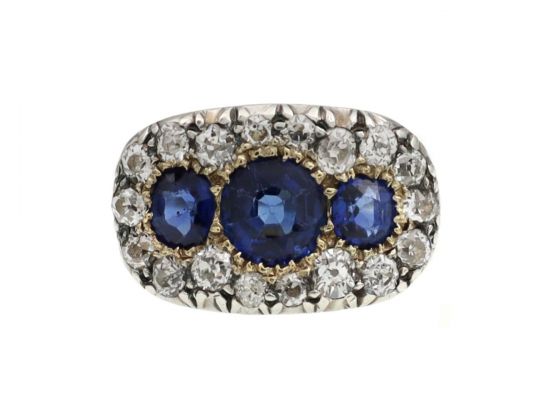 Victorian Sapphire & Diamond Three Stone Cluster Ring in 18kt Gold