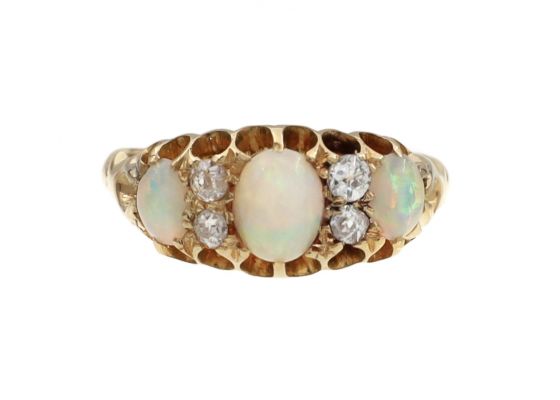 Antique Opal & Diamond Three Stone Carved Ring in 18kt Gold