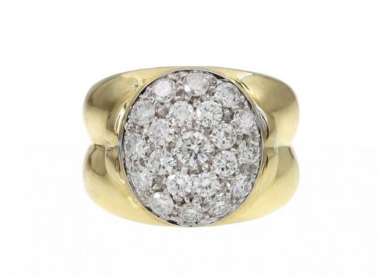 Vintage Italian chunky 18kt yellow gold diamond oval cluster ring
