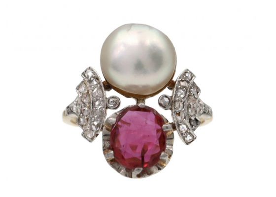 antique ring, toi et moi ring, ruby and pearl two stone ring, engagement ring