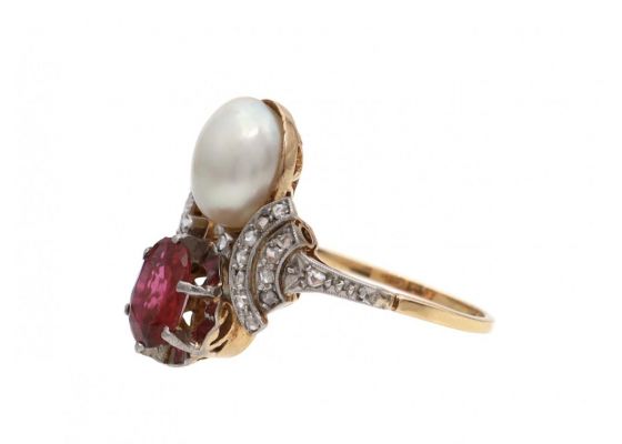 Antique Ruby & Pearl Two Stone Ring in Platinum & Yellow Gold