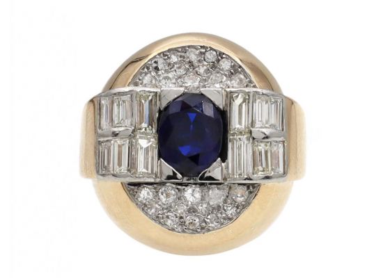 1940s Sapphire & Diamond Tank Ring in 18kt Gold