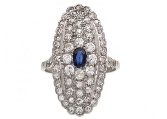 Vintage Sapphire & Diamond Curved Navette Cluster Ring in Platinum