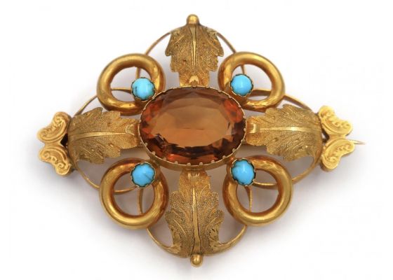 Victorian Citrine & Turquoise Openwork Brooch in Yellow Gold