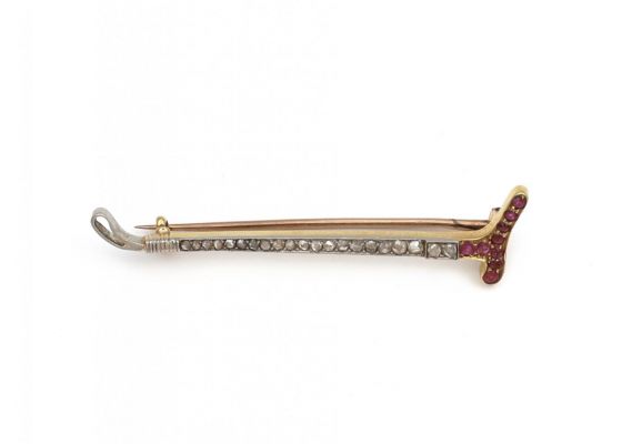 antique ruby and diamond horse riding crop bar brooch in 18kt yellow gold