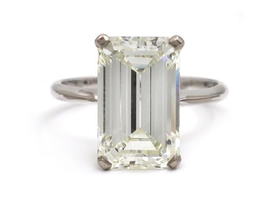 Vintage 6.00ct rectangular emerald cut diamond solitaire engagement ring in platinum