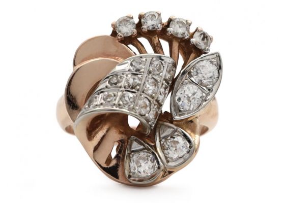 1940s Diamond Set Floral Cocktail Ring in 18kt Rose Gold