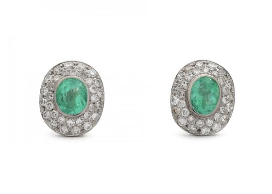 Vintage Oval Emerald & Diamond Cluster Earrings, ear studs,