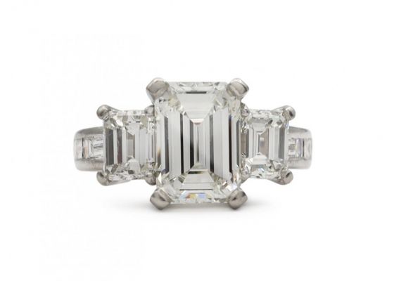 Vintage Three Stone Engagement Ring Centred with 3.01ct Emerald Cut Diamond