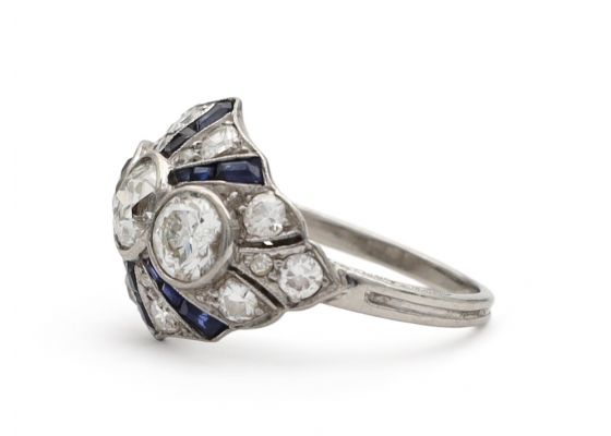 Art Deco Diamond & Calibre Sapphire Bombe Cluster Ring in Platinum
