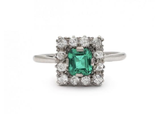 1950s Colombian Emerald & Diamond Square Cluster Ring