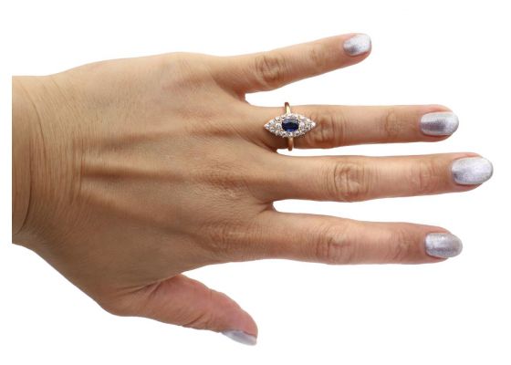 Antique Sapphire & Diamond Navette Ring in 18kt Yellow Gold