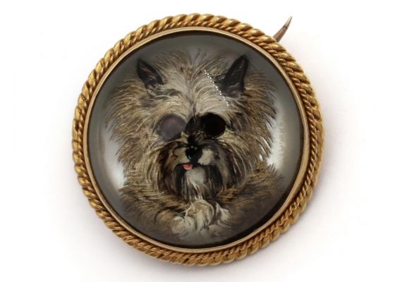 Antique Essex Crystal Terrier Dog Brooch in Yellow Gold