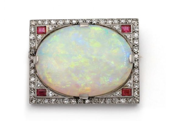 Art Deco Opal, Diamond & Ruby Rectangular Brooch