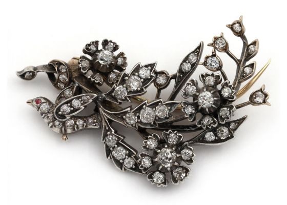 Victorian Diamond & Ruby Bird & Floral Spray Brooch