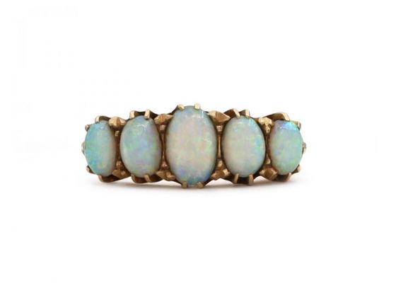 Antique Opal Five Stone Carved Ring in 18kt Yellow Gold