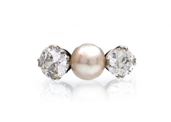Edwardian natural pearl and diamond three stone ring