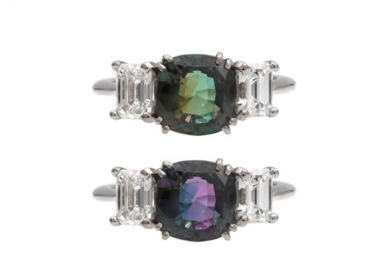 Vintage Natural Colour Change Alexandrite & Diamond Three Stone Ring