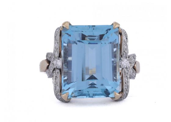 1950s aquamarine and diamond cocktail ring in 14kt yellow gold and platinum – Matthew Weldon