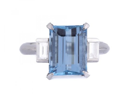 Art Deco style aquamarine and diamond step ring in platinum with 4ct centre stone – Matthew Weldon