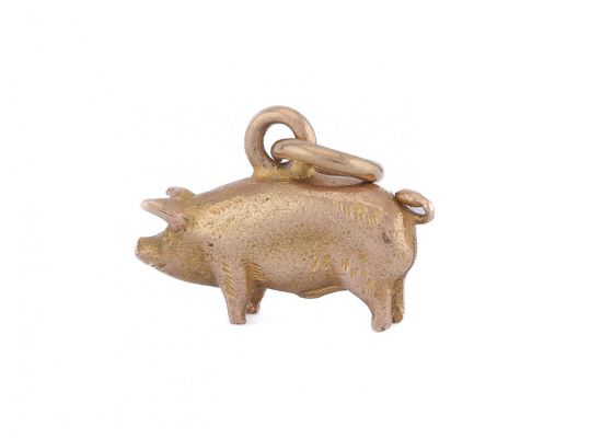 1960s solid 9kt gold pig charm with circular bale, hallmarked Birmingham – Matthew Weldon