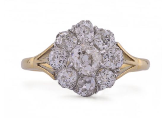 Antique Old Mine cut diamond coronet cluster ring in 18kt yellow gold – Matthew Weldon