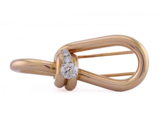 1950s Mauboussin Retro Brooch in 18kt Gold with 1ct Old Mine Cut Diamond