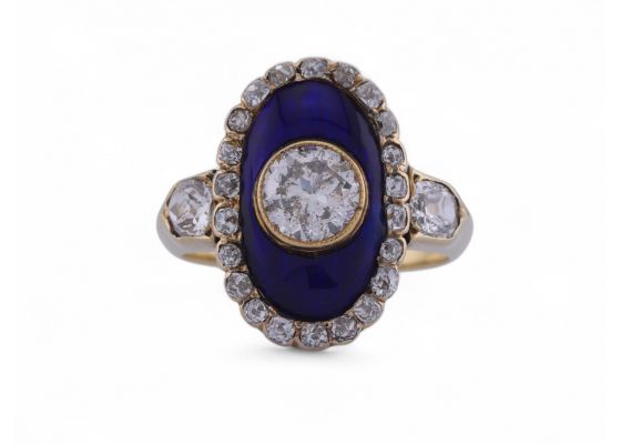 Victorian Diamond Set Oval Blue Enamel Plaque Ring In 15kt Yellow Gold