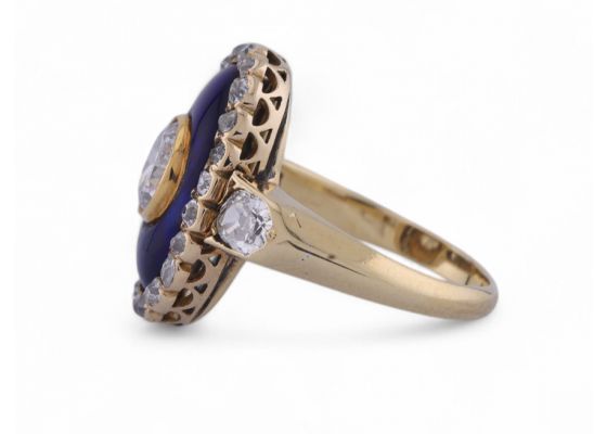 Victorian Diamond Set Oval Blue Enamel Plaque Ring In 15kt Yellow Gold