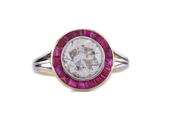 Art Deco diamond and ruby target ring with 1.72ct old European cut diamond in 18kt gold and platinum – Matthew Weldon