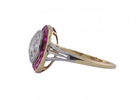 Art Deco diamond and ruby target ring with 1.72ct old European cut diamond in 18kt gold and platinum – Matthew Weldon