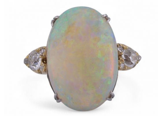 Retro opal solitaire ring with Old Mine cut diamonds in 18kt yellow gold and platinum – Matthew Weldon