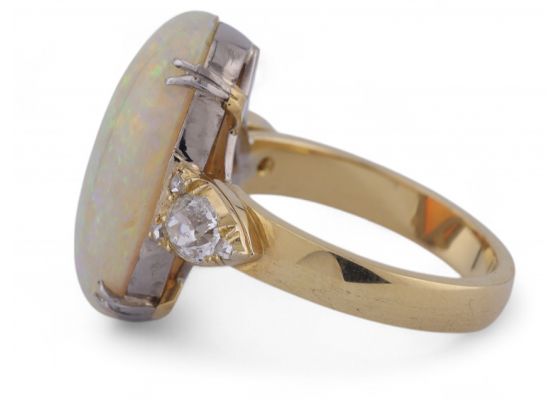 Retro opal solitaire ring with Old Mine cut diamonds in 18kt yellow gold and platinum – Matthew Weldon