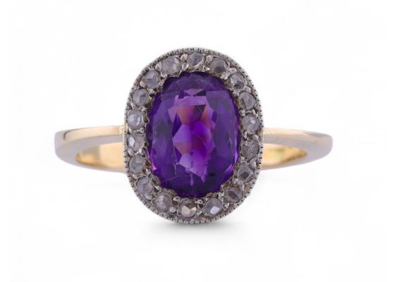 Early Art Deco Oval Amethyst And Rose Cut Diamond Cluster Ring In Platinum And 18kt Yellow Gold